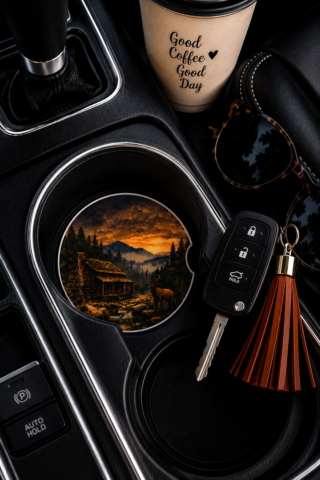 Mountain Cabin Sunset ceramic car coaster in cup holder — rustic log cabin and deer with fiery orange mountain sunset, shown in dark car console with coffee cup and keys
