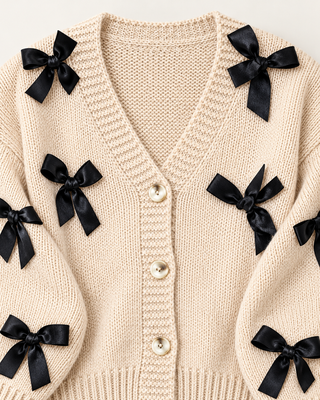 Close-up of the tan knit cardigan showing black satin ribbon bows, ribbed V-neck trim, and three front buttons

