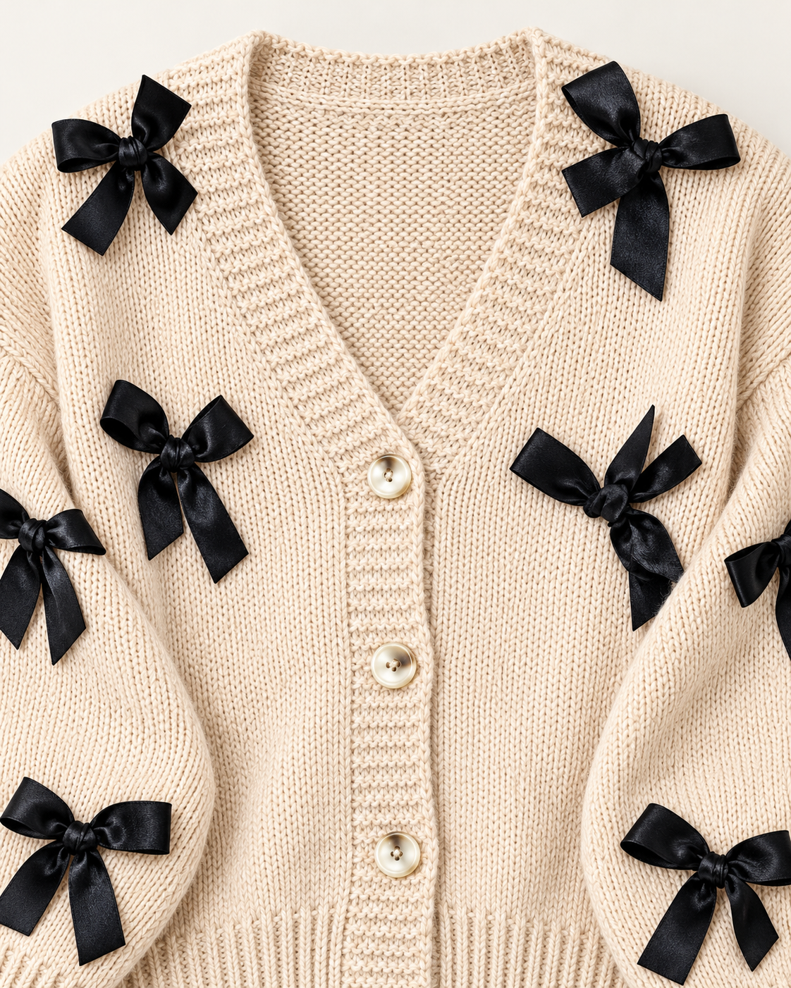 Close-up of the tan knit cardigan showing black satin ribbon bows, ribbed V-neck trim, and three front buttons
