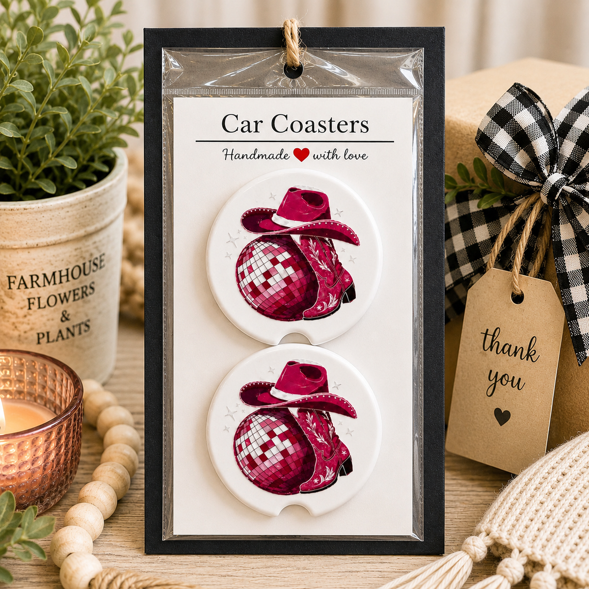 Disco Cowgirl Car Coaster Set in handmade packaging — gift-ready ceramic coasters with pink disco ball, cowboy hat, and cowgirl boots design, set of 2
