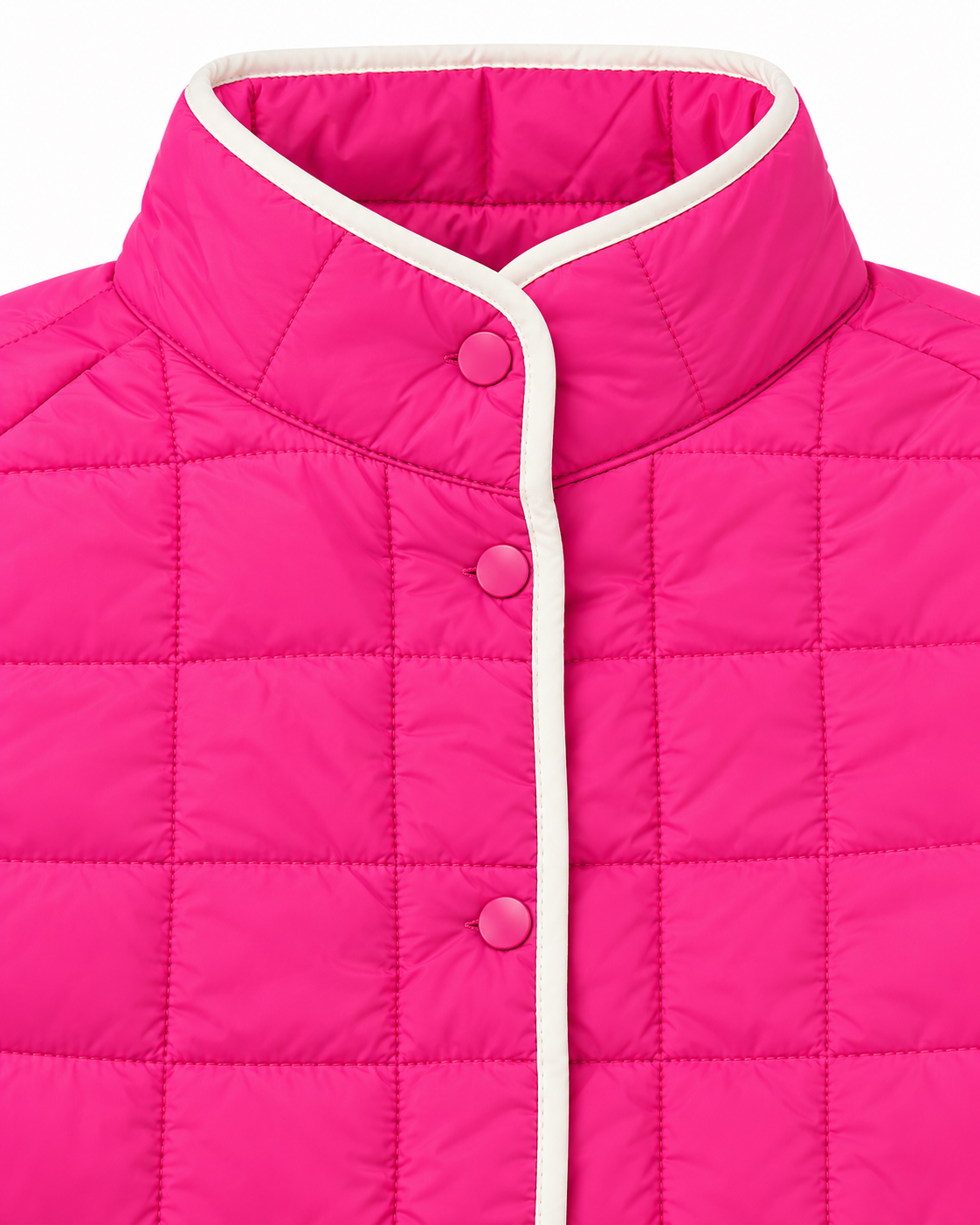 Close-up of Pink Quilted Contrast Trim Jacket showing stand-up collar with cream contrast trim interior and pink tone-on-tone snap buttons along placket on hot pink grid-quilted fabric
