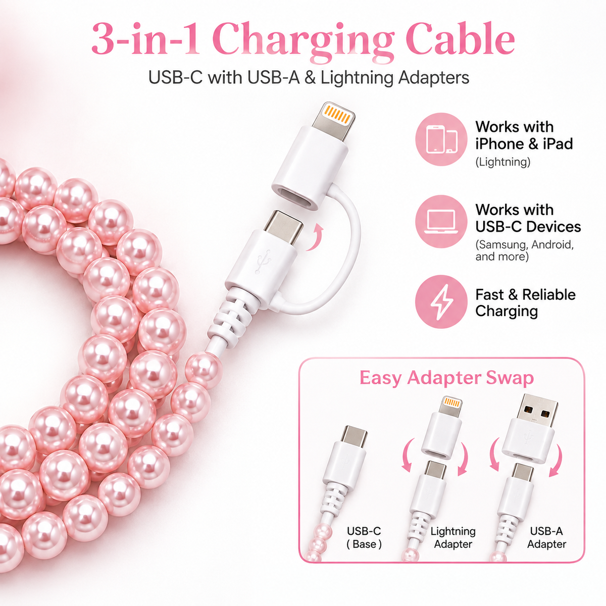 A 3-in-1 charging cable shown on a white background with pink decorative pearls and text callouts. The cable includes a USB-C connector, a Lightning connector, and a USB-A connector, with icons and text stating it works with iPhone, iPad, and other USB-C devices, and that it supports easy adapter swapping.