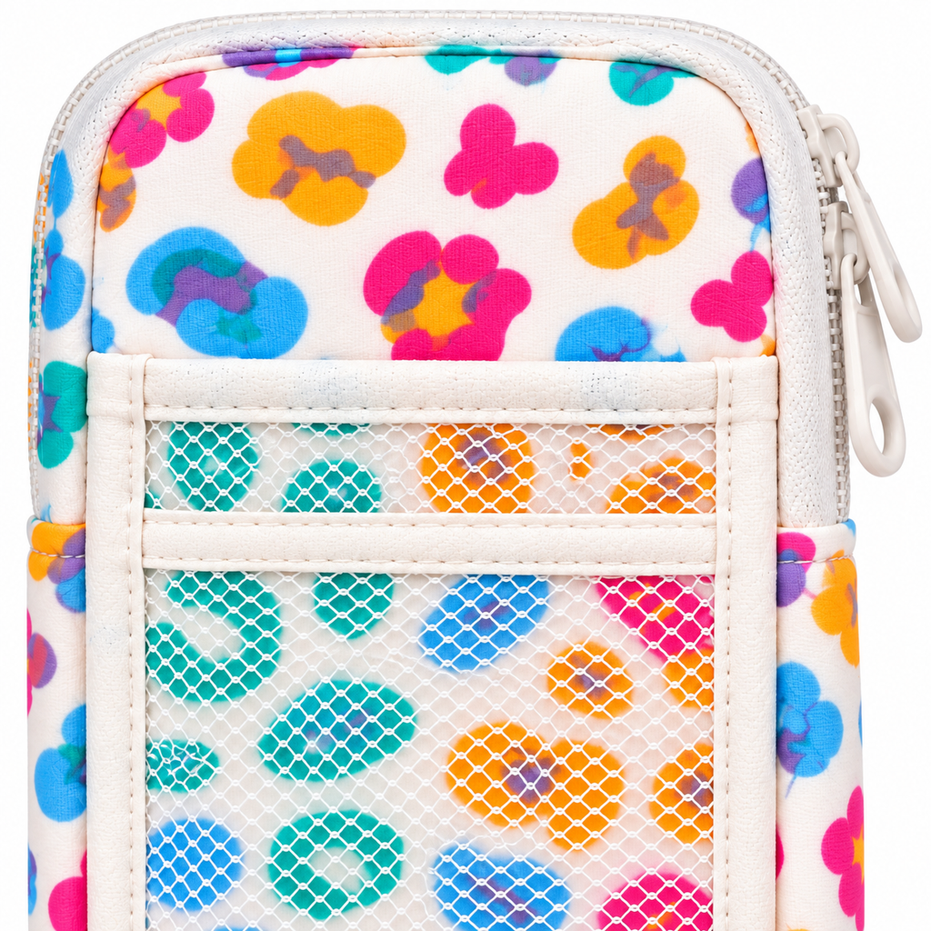 Close-up of Multicolor Floral Tumbler Pouch showing white side zipper with white circle pull tab, white-trimmed front slip pocket, white mesh pocket with multicolor retro floral print visible through mesh in teal, orange, pink, and blue

