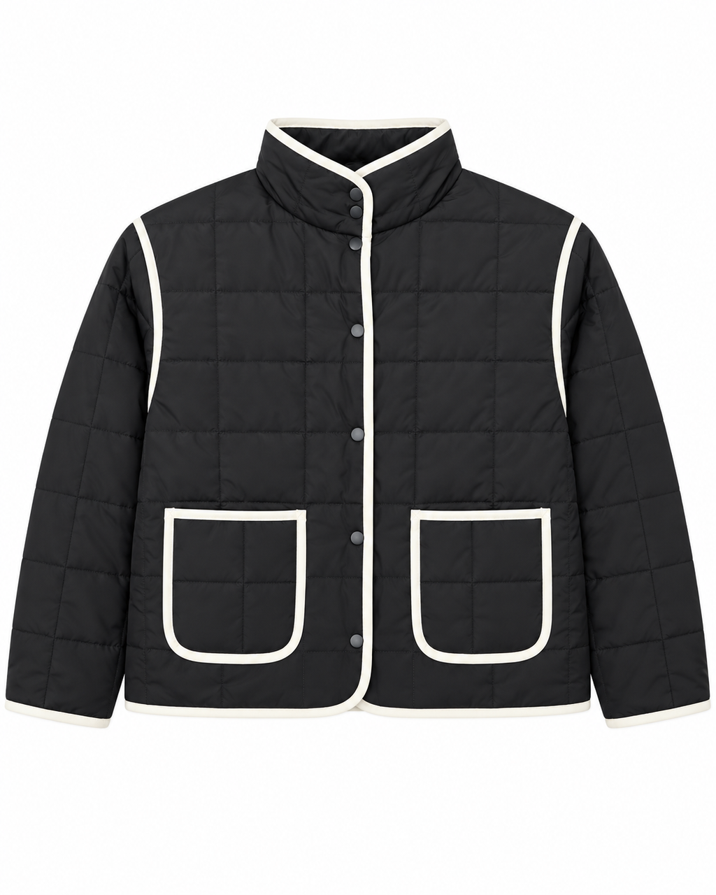 Black Quilted Contrast Trim Jacket front view showing black grid-quilted body with cream contrast trim along all edges, gunmetal snap-button placket, stand-up collar, and two cream-trimmed front patch pockets on white background
