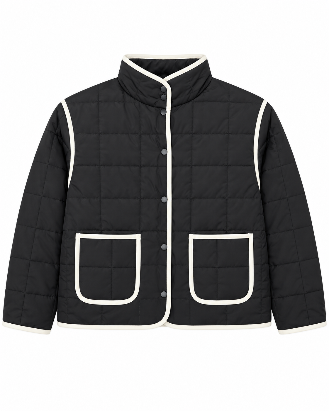 Black Quilted Contrast Trim Jacket front view showing black grid-quilted body with cream contrast trim along all edges, gunmetal snap-button placket, stand-up collar, and two cream-trimmed front patch pockets on white background
