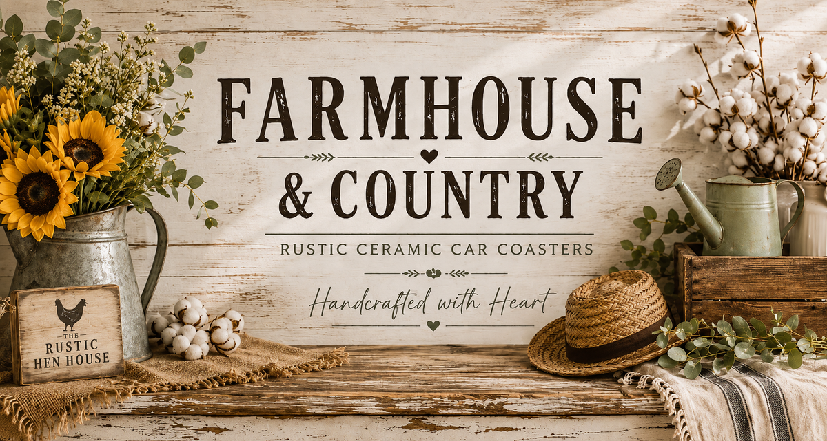 Farmhouse and country themed car coaster sets displayed as gift-ready accessories
