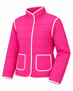 Pink Quilted Contrast Trim Jacket three-quarter angle view showing hot pink grid quilting, cream contrast trim along edges and collar, pink snap buttons, two cream-trimmed patch pockets, and slightly cinched silhouette on white background
