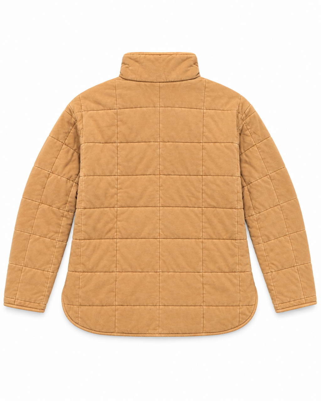 Back view of Camel Garment Washed Quilted Jacket showing camel washed quilted grid back panel, stand-up collar, curved hem, and long sleeves on white background
