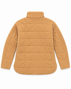 Back view of Camel Garment Washed Quilted Jacket showing camel washed quilted grid back panel, stand-up collar, curved hem, and long sleeves on white background
