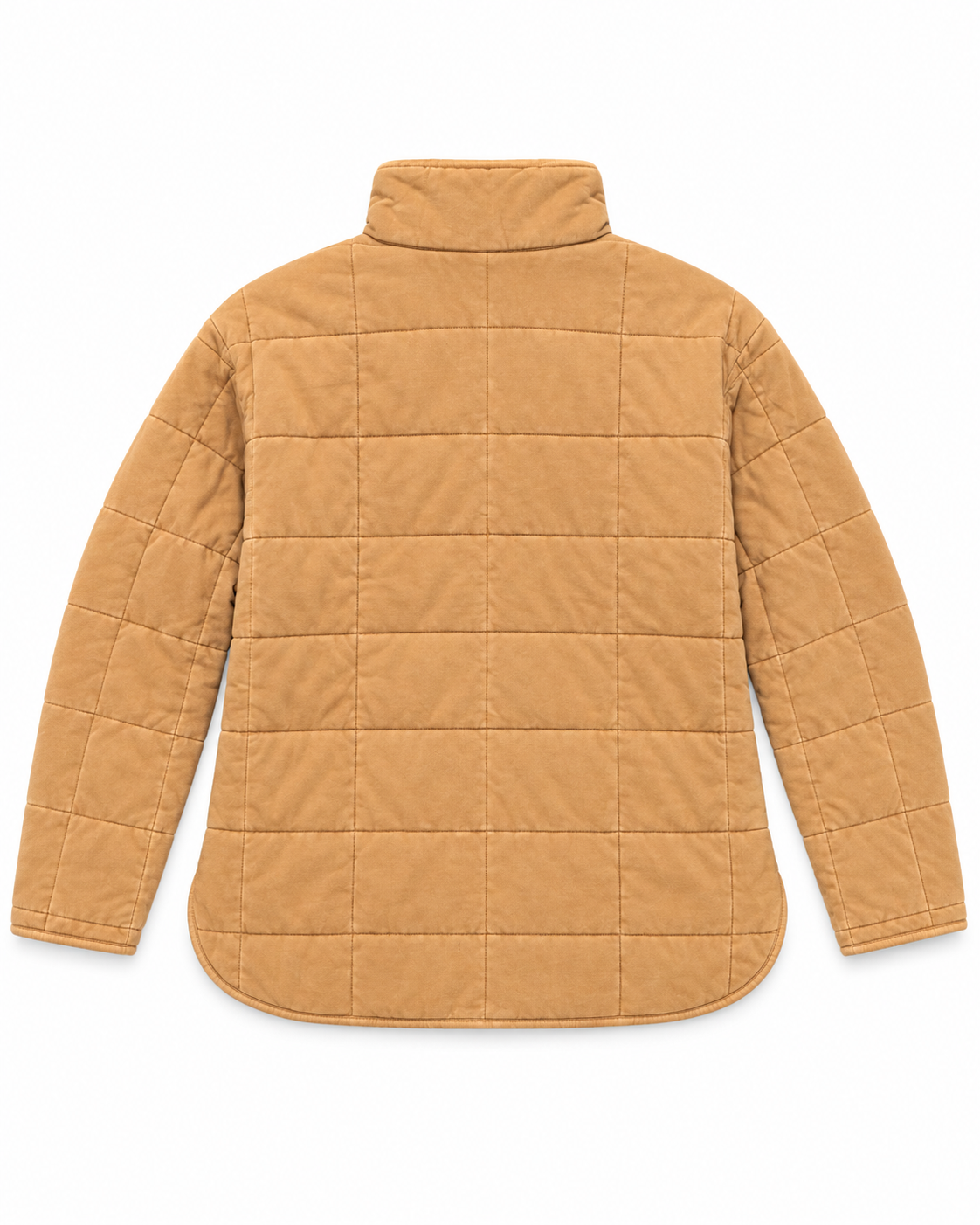 Back view of Camel Garment Washed Quilted Jacket showing camel washed quilted grid back panel, stand-up collar, curved hem, and long sleeves on white background
