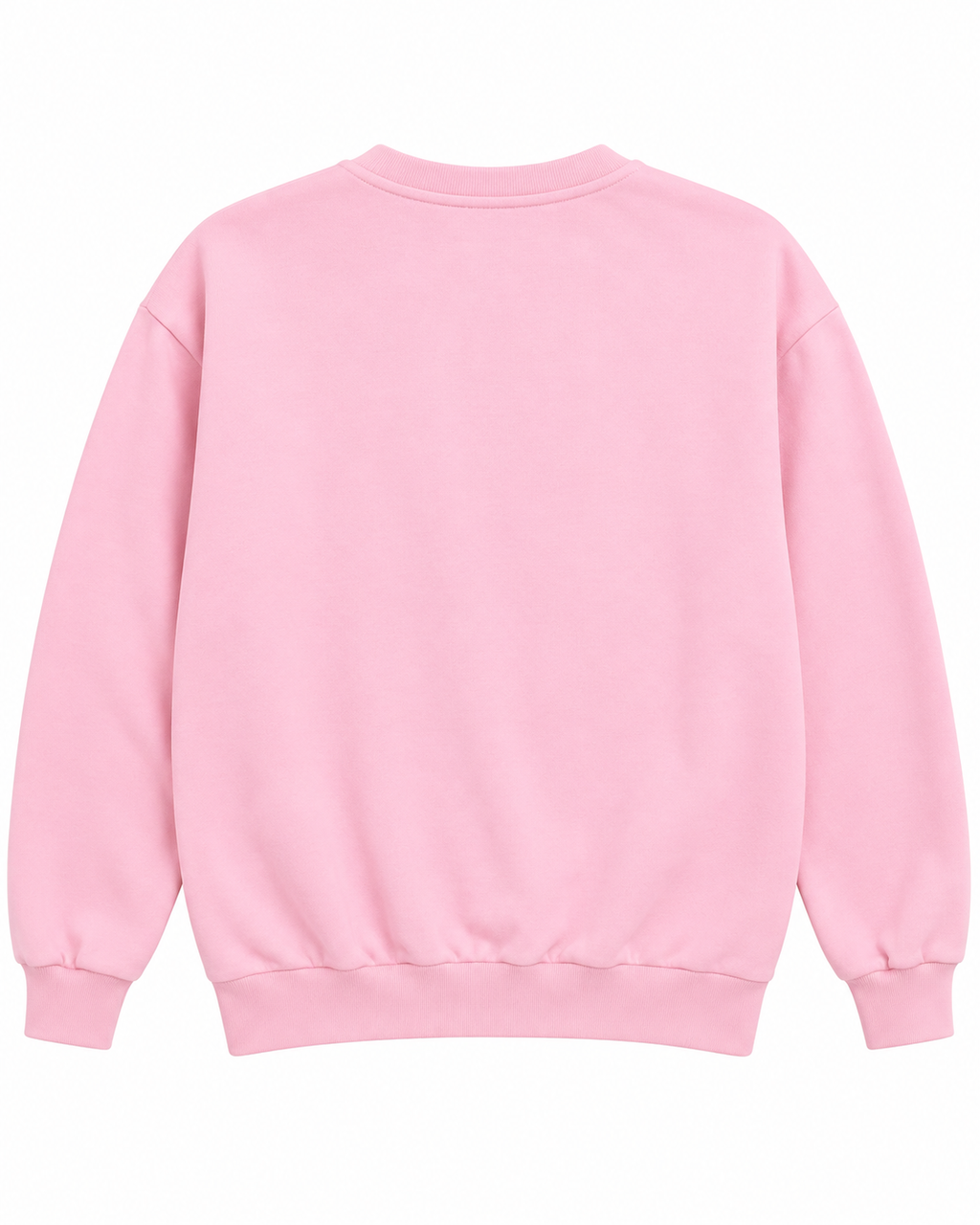 Back view of the plain pink sweatshirt with long sleeves and ribbed cuffs and hem
