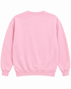 Back view of the plain pink sweatshirt with long sleeves and ribbed cuffs and hem
