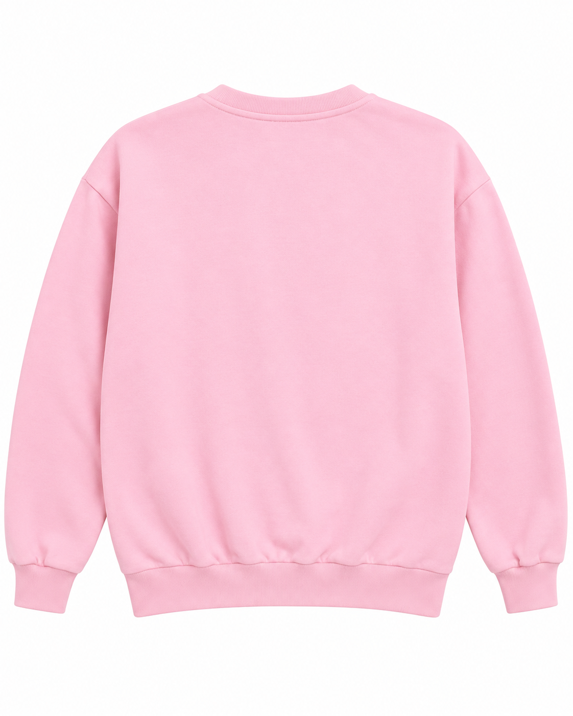 Back view of the plain pink sweatshirt with long sleeves and ribbed cuffs and hem
