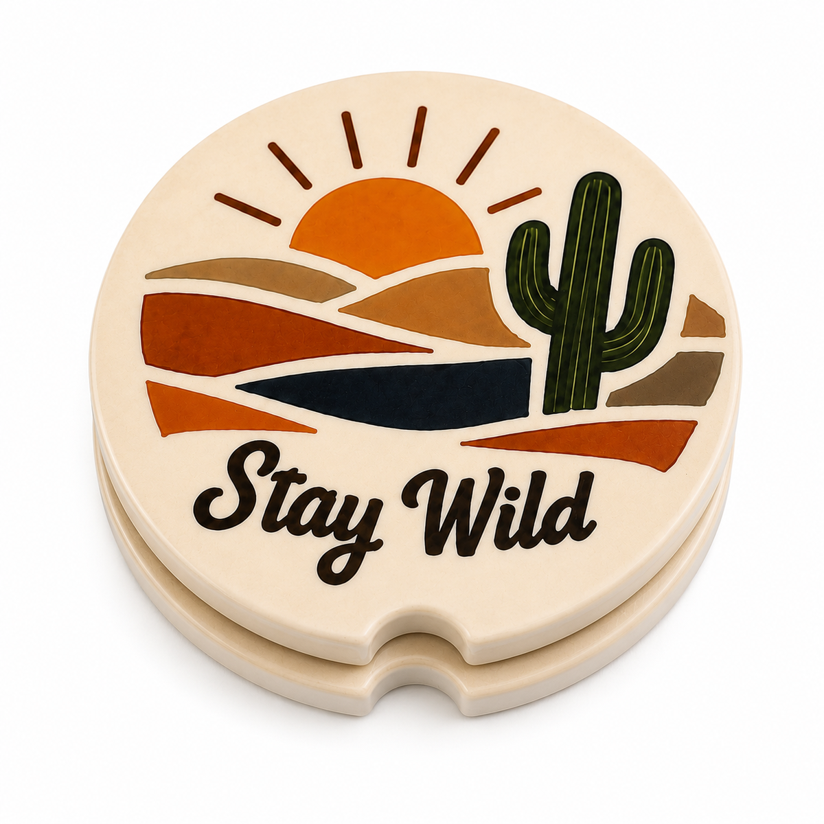 Both Stay Wild car coasters stacked showing desert sunset, cactus, and canyon design with finger notch
