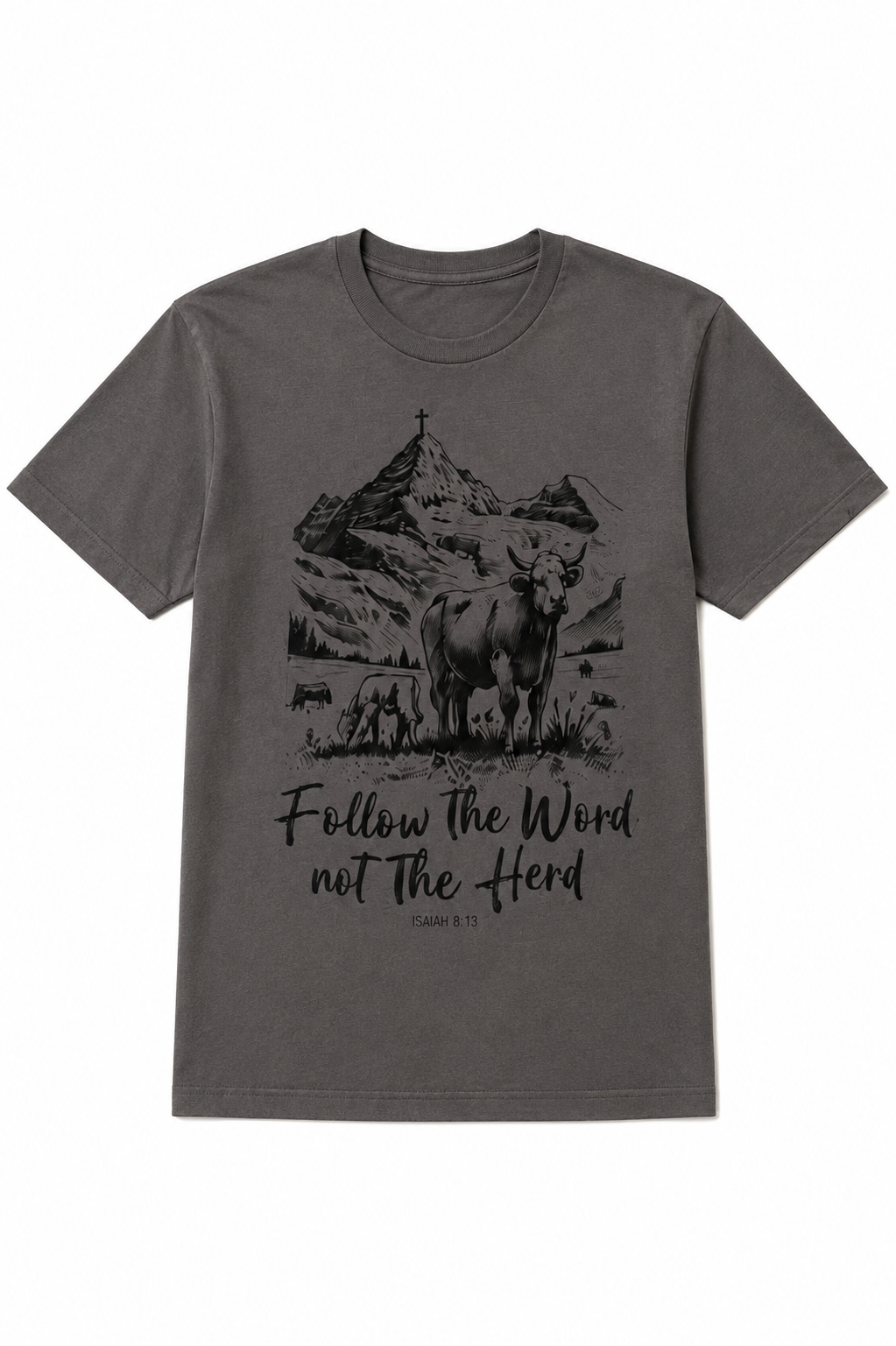 Charcoal Follow the Word Not the Herd graphic tee with Highland cow and cross design