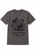 Charcoal Follow the Word Not the Herd graphic tee with Highland cow and cross design