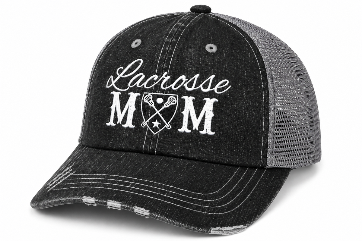 Side view of Lacrosse Mom trucker hat in washed black with gray mesh back and embroidered lacrosse crest design, shown on a white background.
