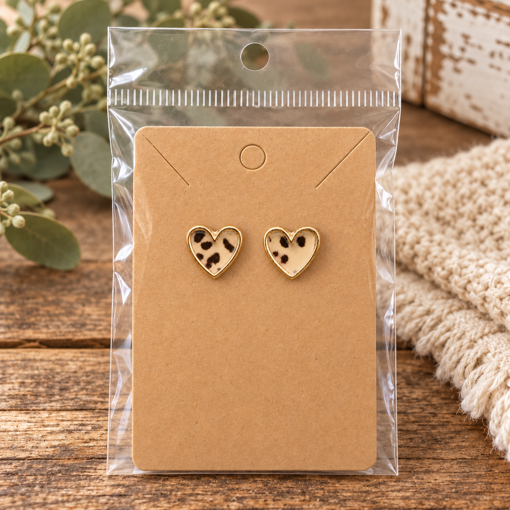 Leopard heart stud earrings with gold-tone trim on kraft card in clear packaging on rustic wood surface with eucalyptus berry sprigs and cream knit
