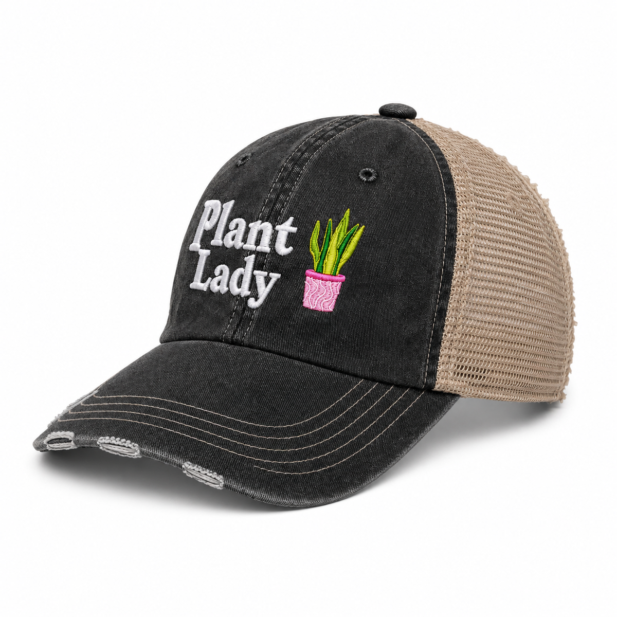 Side view of Plant Lady trucker hat in washed black with tan mesh back and embroidered plant design, shown on a white background.
