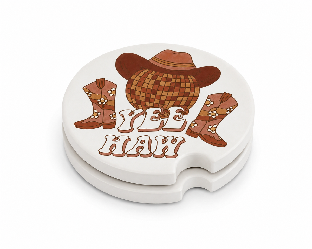 Yee Haw Disco Ball ceramic car coasters stacked showing thickness and finger notch cutout, cowboy hat disco ball with floral boots and retro Yee Haw lettering, set of 2
