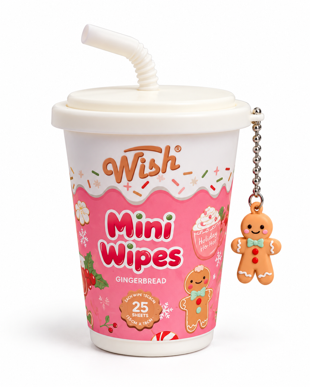 Front view of Wish Gingerbread Mini Wipes showing the pink Christmas cup, 25-count label, white straw-shaped lid detail, and gingerbread charm
