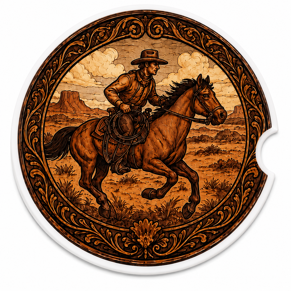 Close-up of Cowboy Riding Horse ceramic car coaster with tooled leather-style border and cowboy galloping on horseback through desert landscape on white background
