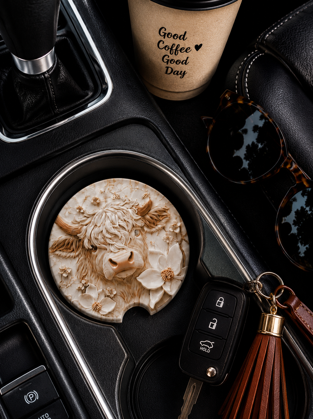 Highland Cow Floral ceramic car coaster in cup holder — sculpted cream ivory Highland cow and dogwood floral design, shown in car console
