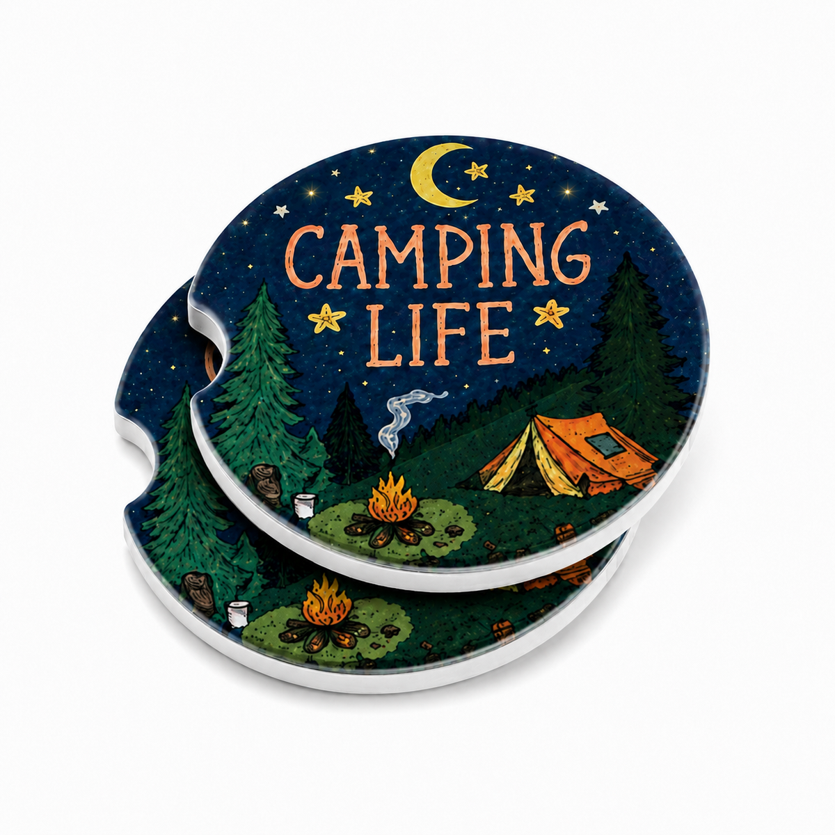 Camping Life ceramic car coasters stacked showing thickness and finger notch cutout, campfire and tent starry night design on navy blue, set of 2
