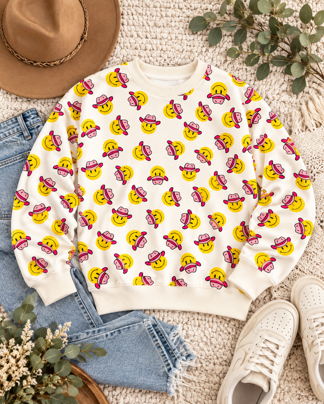 Cowgirl smiley face sweatshirt styled with blue jeans, white sneakers, a tan hat, and greenery on a cream textured background
