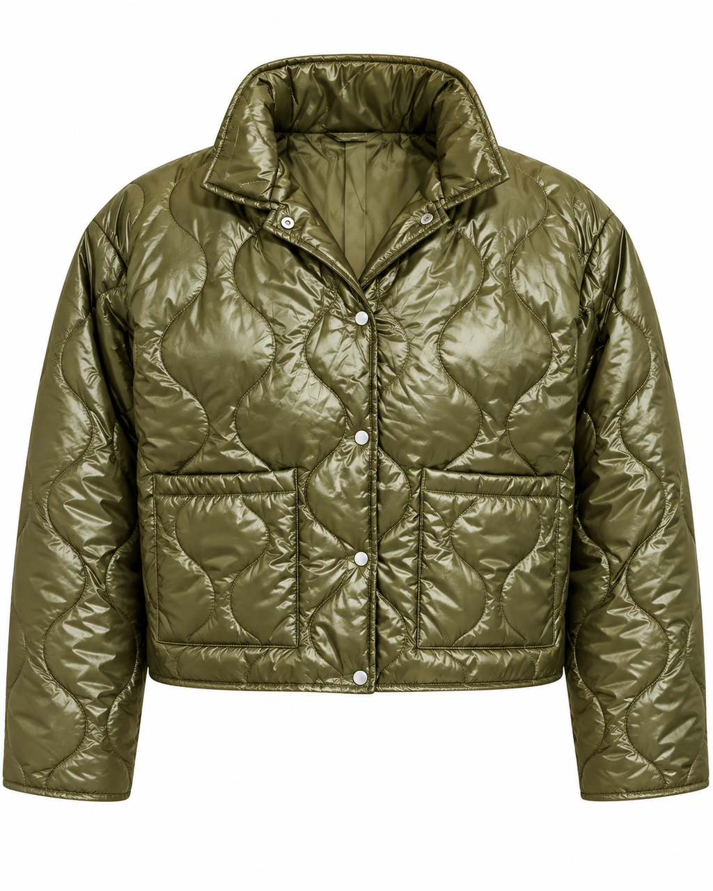 Front view of the olive cropped jacket showing large rounded quilting, snap-button closure, a stand collar, and two open patch pockets
