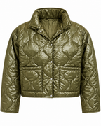 Front view of the olive cropped jacket showing large rounded quilting, snap-button closure, a stand collar, and two open patch pockets
