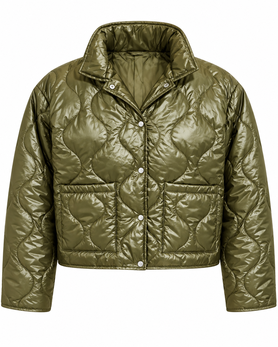 Front view of the olive cropped jacket showing large rounded quilting, snap-button closure, a stand collar, and two open patch pockets
