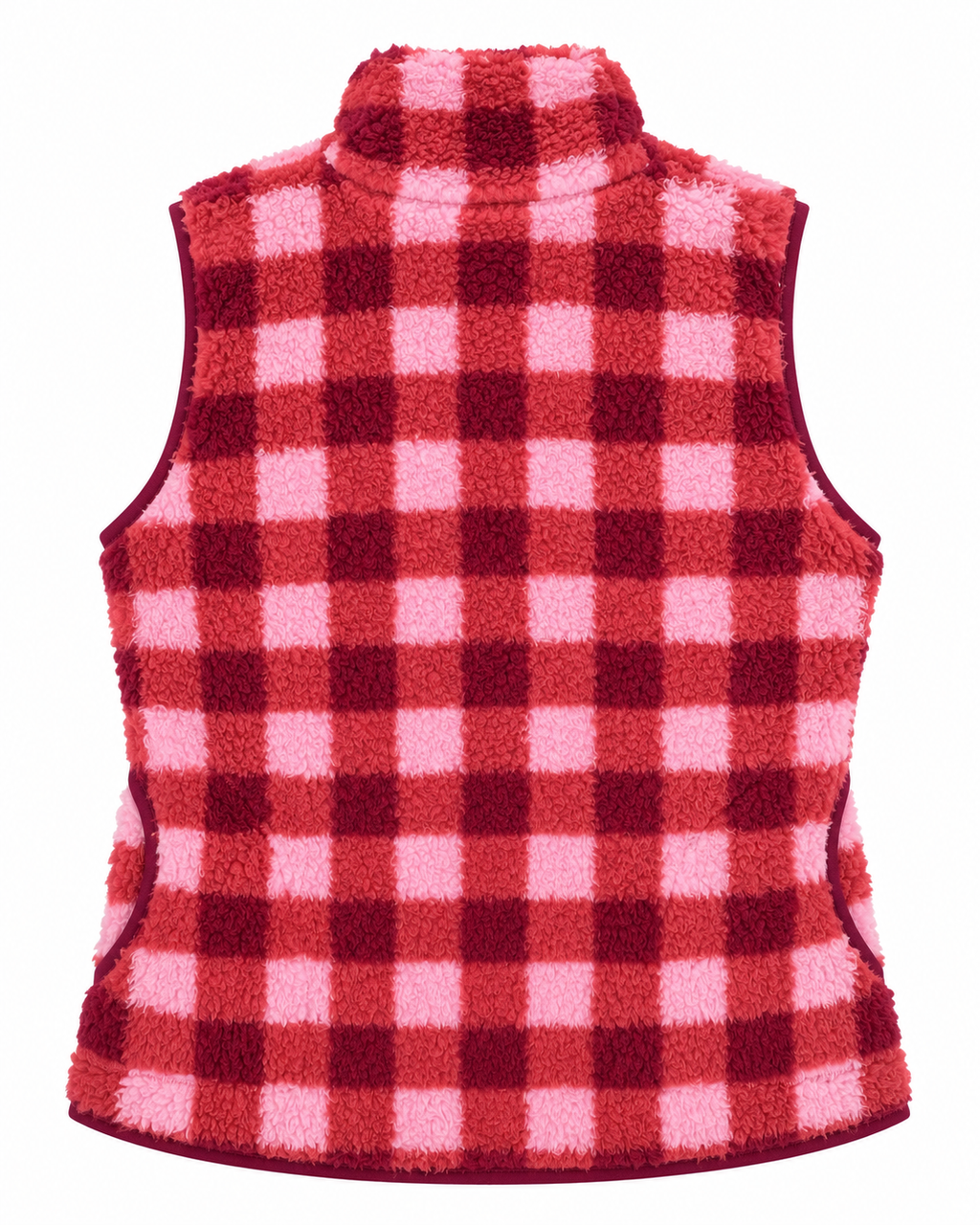 Back view of the pink, coral, and burgundy plaid sherpa vest with a stand-up collar and burgundy armhole and hem trim
