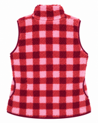 Back view of the pink, coral, and burgundy plaid sherpa vest with a stand-up collar and burgundy armhole and hem trim
