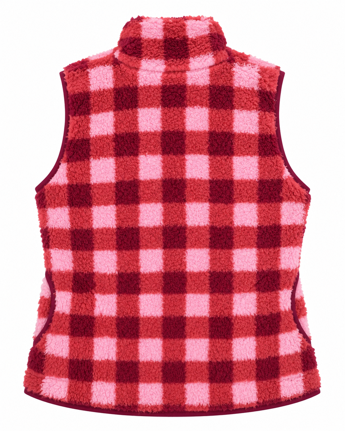 Back view of the pink, coral, and burgundy plaid sherpa vest with a stand-up collar and burgundy armhole and hem trim
