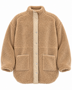 Front view of the camel sherpa teddy jacket showing its stand-up collar, lighter tan snap placket, and two open patch pockets
