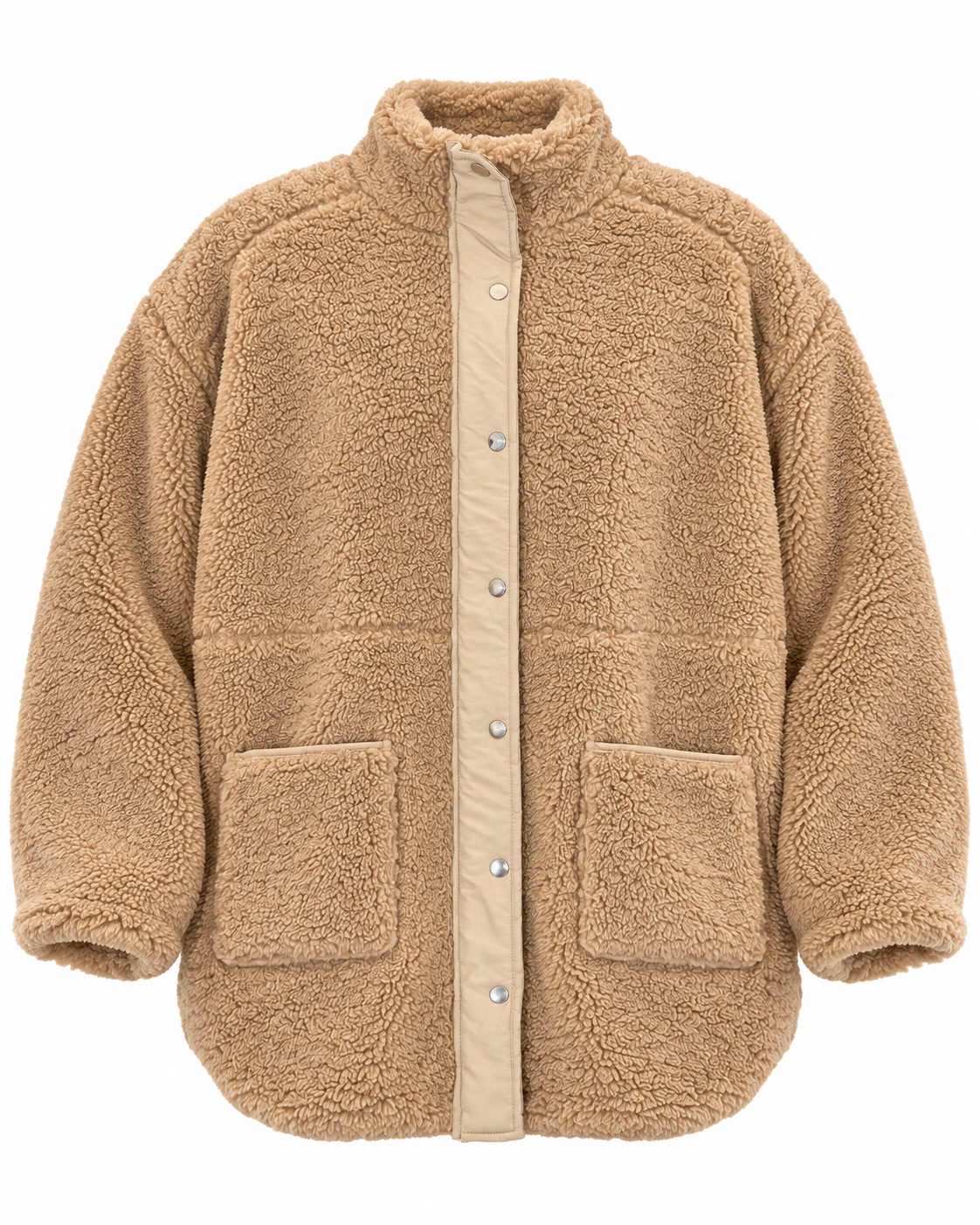 Front view of the camel sherpa teddy jacket showing its stand-up collar, lighter tan snap placket, and two open patch pockets
