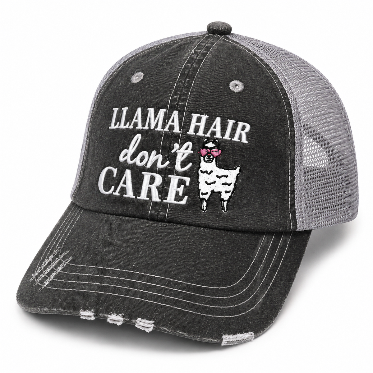 Side view of Llama Hair Don’t Care trucker hat with distressed charcoal front, gray mesh back, white embroidery and llama graphic.