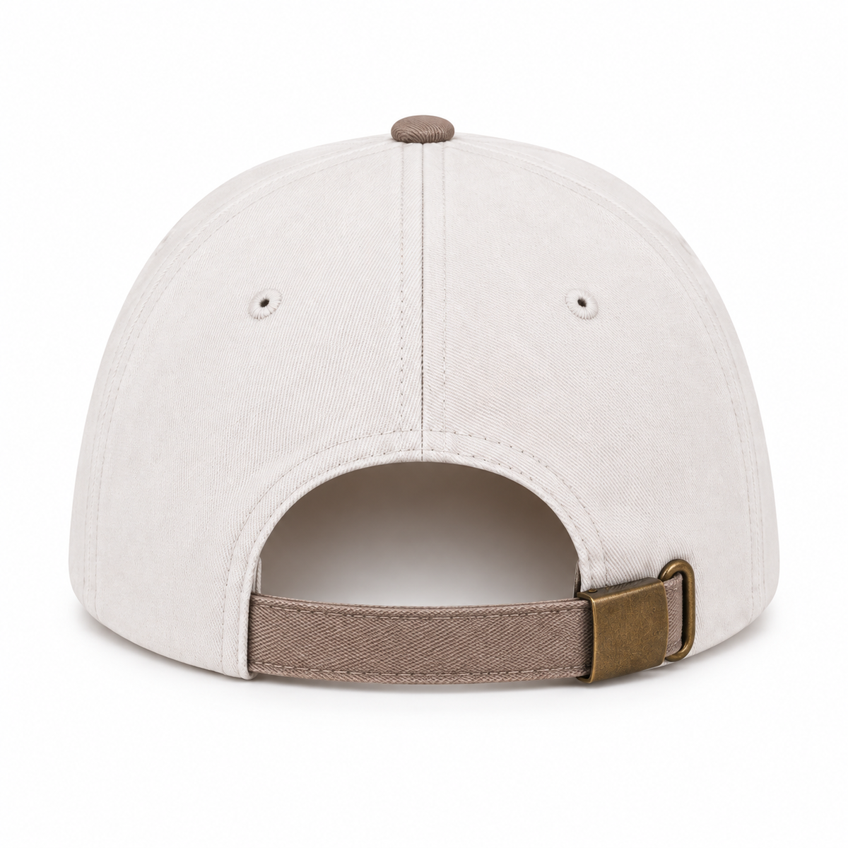 Back view of He Is Risen Baseball Cap in Ash Mocha showing cream cotton back panels with two ventilation eyelets, mocha top button, and mocha adjustable back strap with antique brass slide buckle closure on white background
