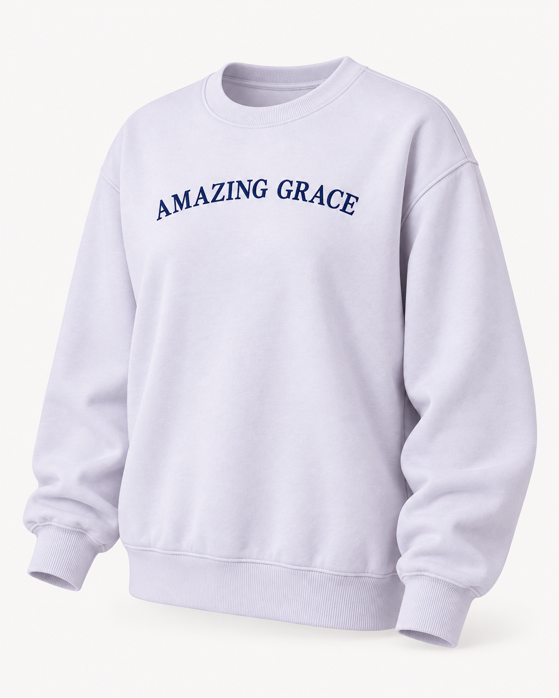 Angled front view of the lavender Amazing Grace crewneck sweatshirt showing long sleeves and ribbed trim

