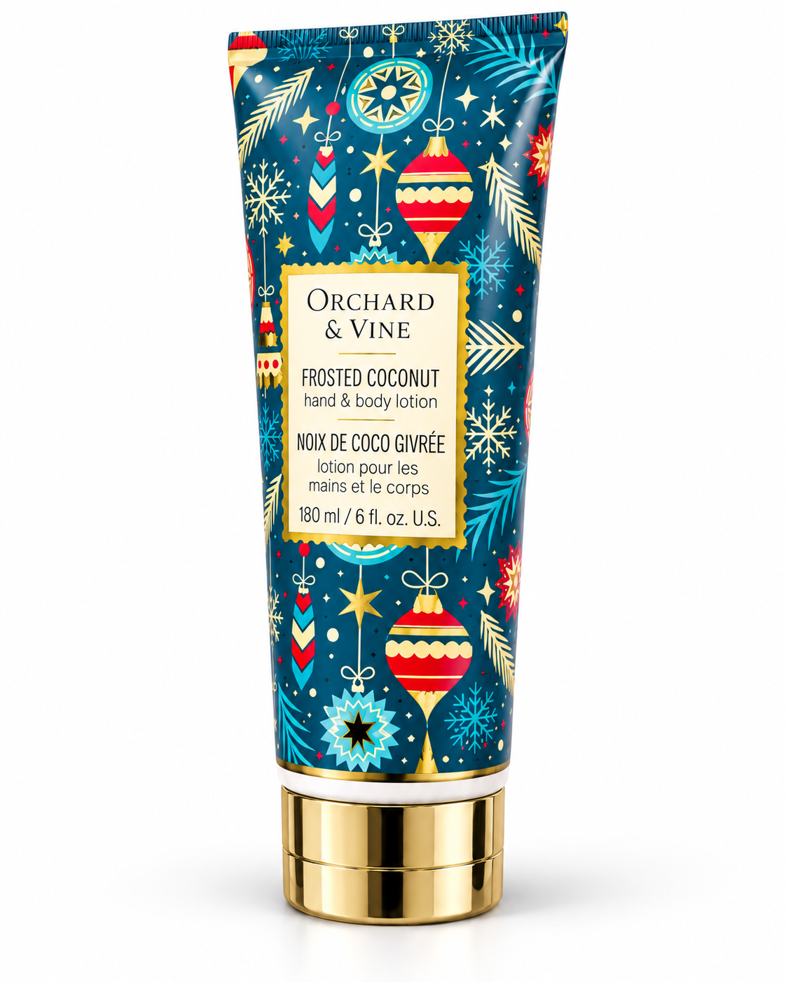 Angled view of the Frosted Coconut lotion tube showing colorful Christmas ornaments, snowflakes, and a gold-tone cap
