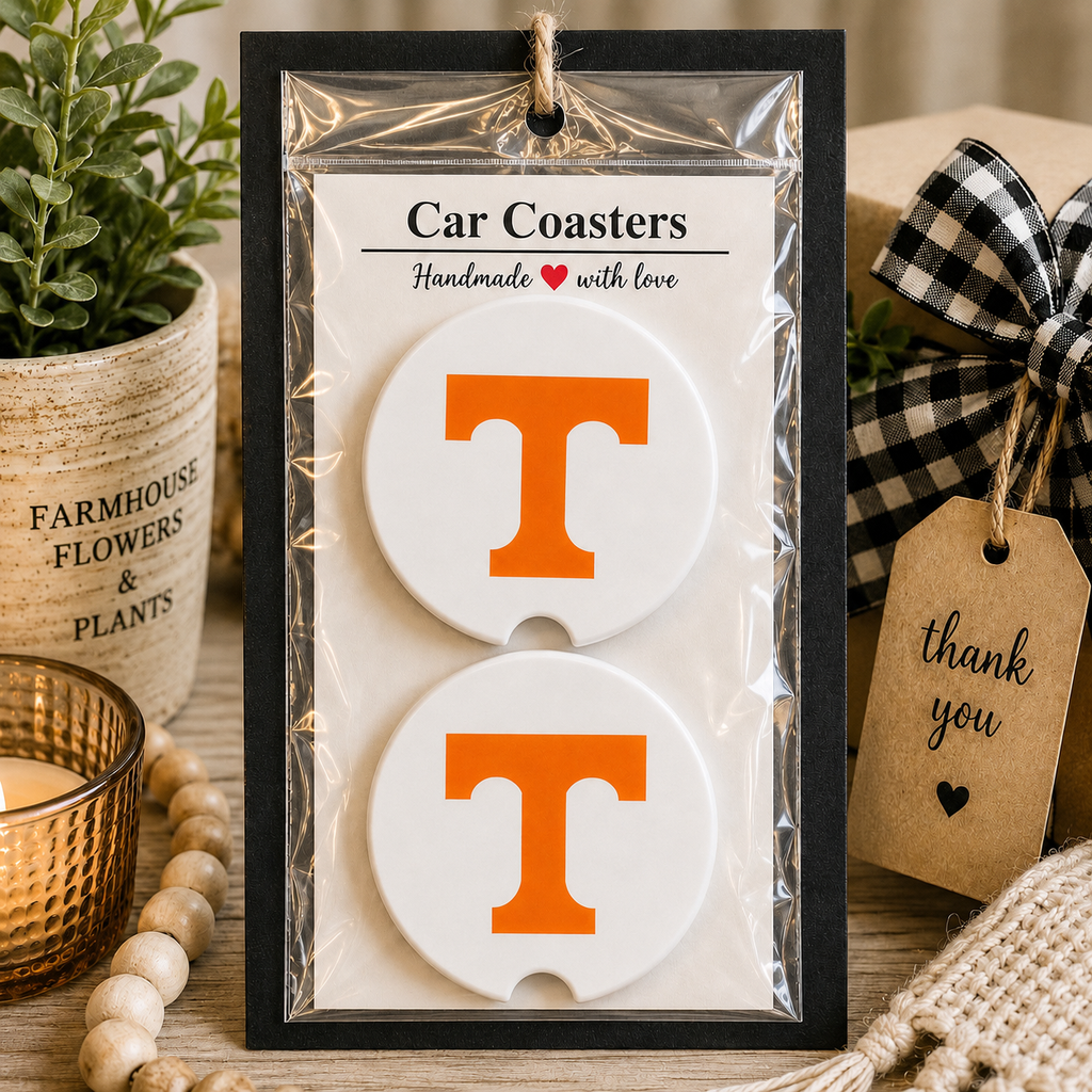 Tennessee Power T Car Coaster Set in handmade packaging — gift-ready white ceramic coasters with bold orange Tennessee Power T logo, displayed with kraft gift box and buffalo check bow, set of 2
