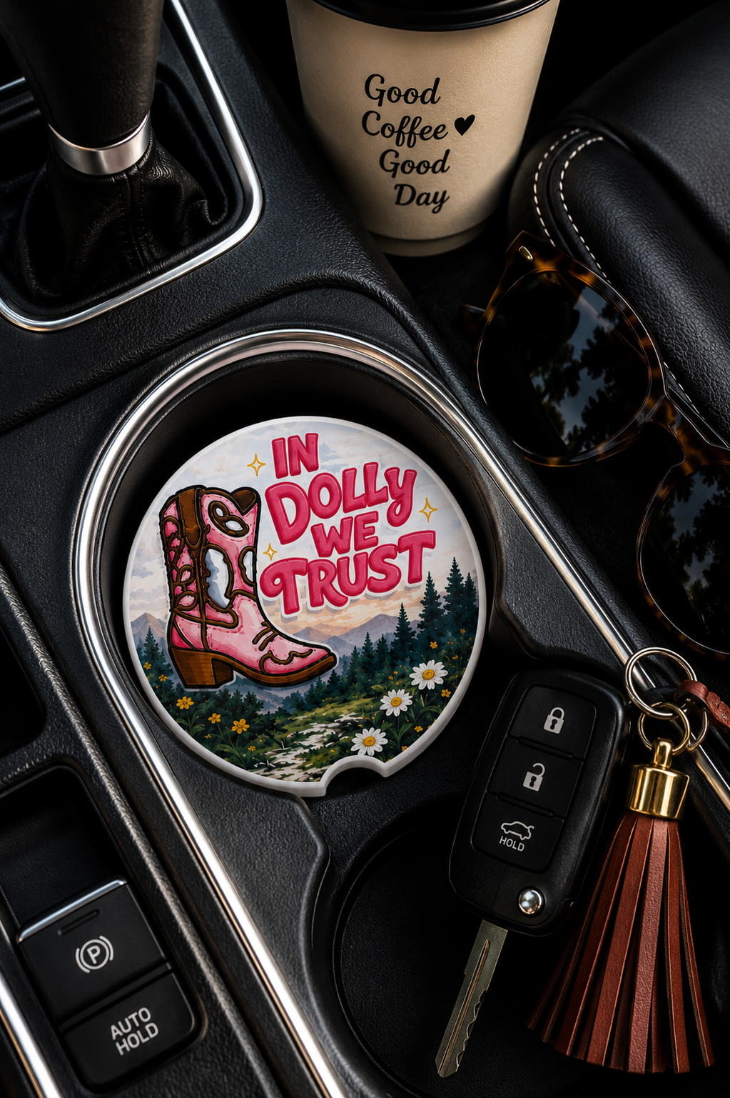 In Dolly We Trust ceramic car coaster in vehicle cup holder
