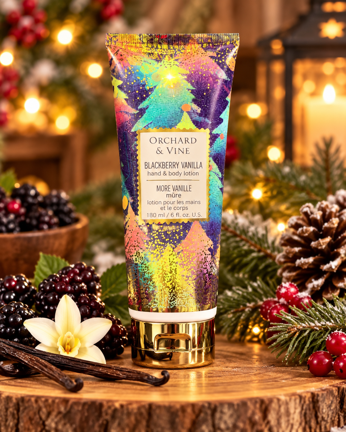 Blackberry Vanilla hand and body lotion displayed with blackberries, vanilla pods, a vanilla flower, and festive evergreen branches
