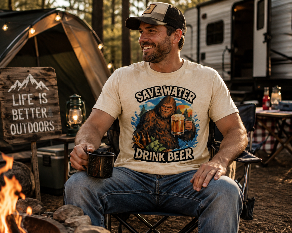 Man wearing a cream Save Water Drink Beer Bigfoot T-Shirt while relaxing beside a campfire at a rustic campsite.