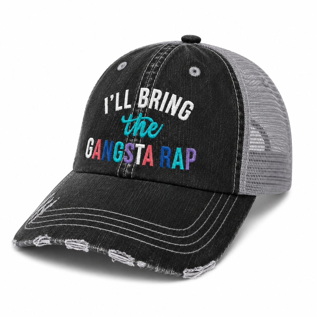 Side angle view of I’ll Bring the Gangsta Rap trucker hat with colorful embroidery, distressed black denim front and gray mesh back.