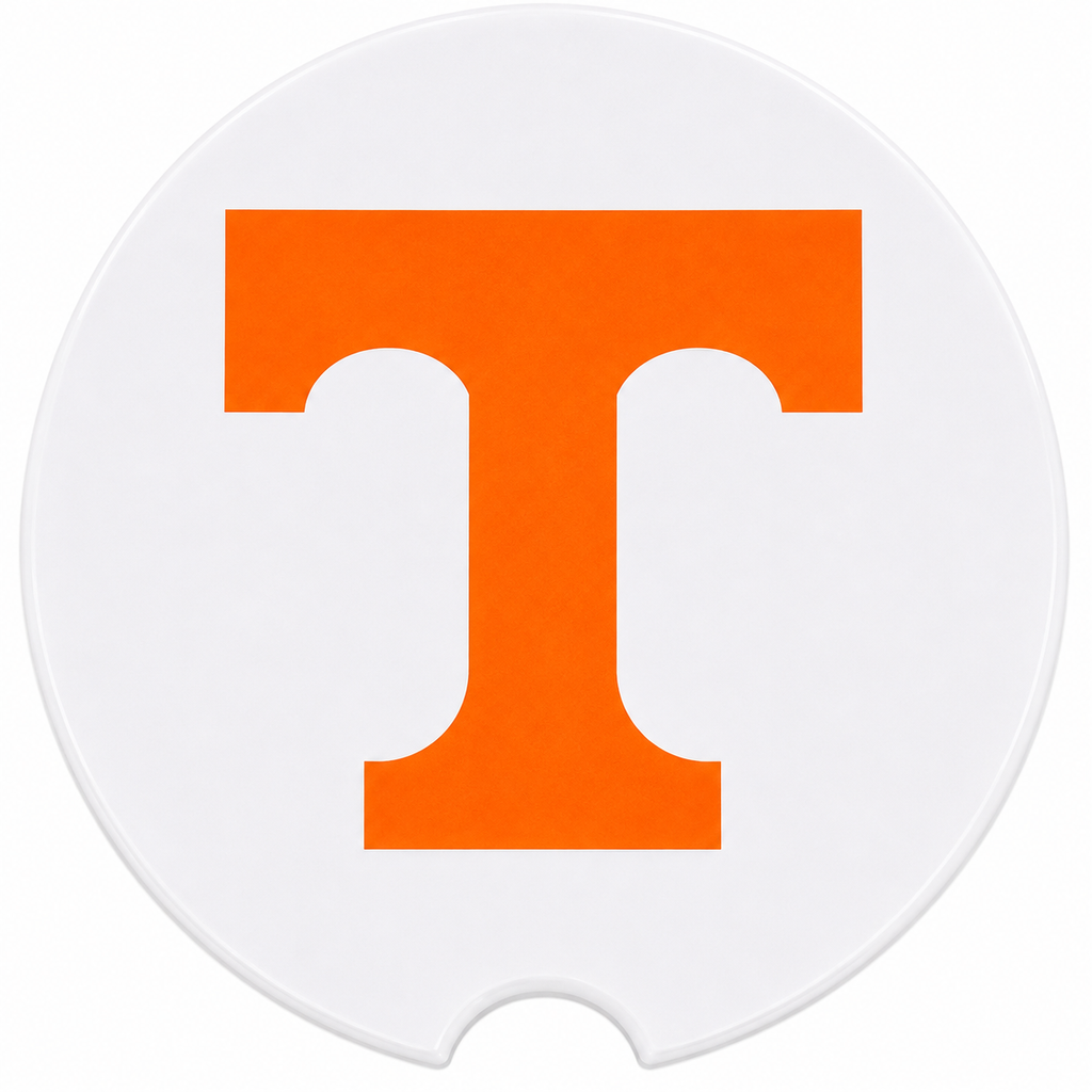 Close-up of Tennessee Power T design on ceramic car coaster
