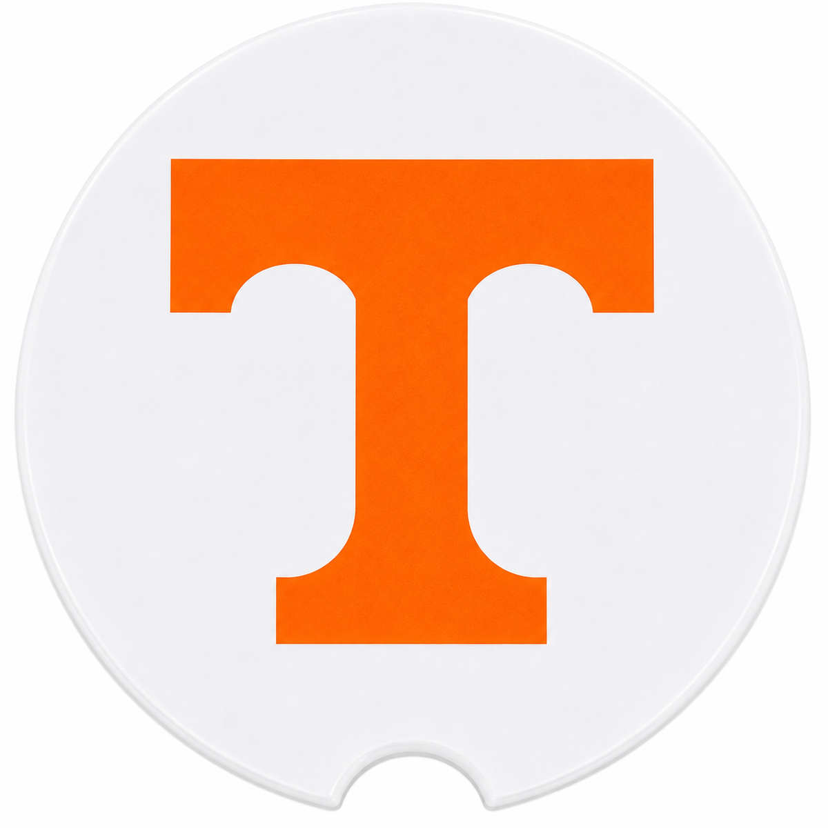 Close-up of Tennessee Power T design on ceramic car coaster
