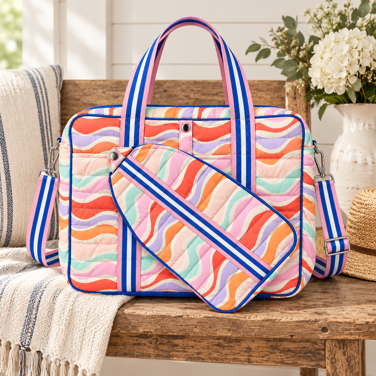Retro Wave Pickleball Bag and removable paddle holder on rustic wood bench showing multicolor retro wave quilted print with royal blue trim, pink and blue stripe handles, and adjustable blue stripe crossbody strap beside striped gray linen pillow, cream waffle throw, woven straw hat, and white hydrangeas in white vase on white shiplap background
