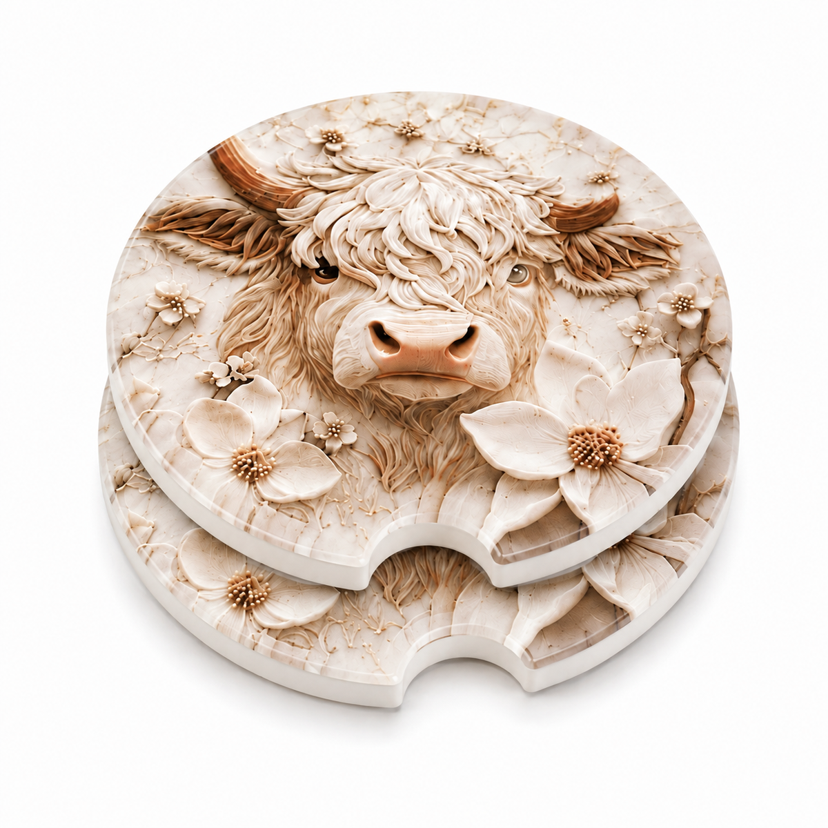 Highland Cow Floral ceramic car coasters stacked showing sculpted depth and finger notch cutout, cream ivory Highland cow and dogwood floral design, set of 2
